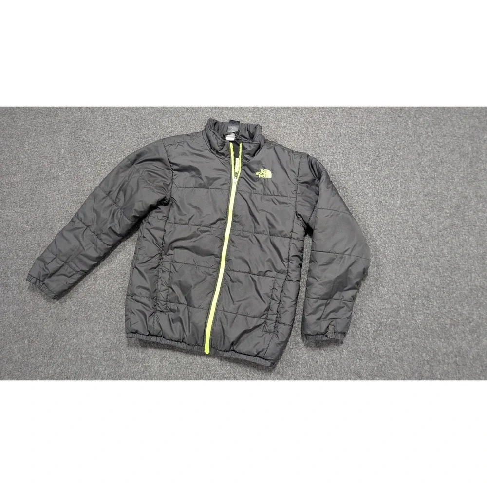 North Face Puffer Jacket Boys Large 14 Black Neon Green Full Zip Winter Outdoors